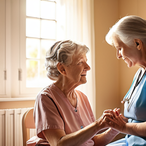 Home 13 **A caring nurse gently guiding a senior with dementia through a music therapy session, sunlight streaming through a window in a clean, inviting room. Soft colors, focus on empathy and connection.**