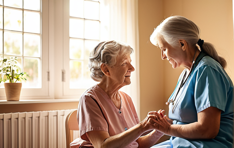 **A caring nurse gently guiding a senior with dementia through a music therapy session, sunlight streaming through a window in a clean, inviting room. Soft colors, focus on empathy and connection.**