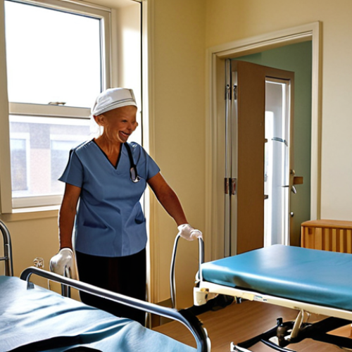 Home 8 **Image Prompt 1: The Path of Rehabilitation and Hope**
A bright, clean room in a nursing hospital. An elderly patient, with a gentle smile, is supported by a physical therapist during a rehabilitation exercise. Sunlight streams through a window, illuminating the scene. Other medical staff (nurses, occupational therapists) are seen in the background, subtly assisting other patients with their daily care or therapy. The atmosphere is one of professional care, gradual improvement, and quiet hope, focusing on regaining function and managing chronic conditions.
