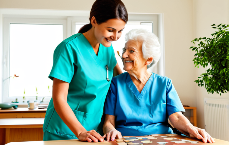 요양병원에서 관리하는 노인성 우울증 - **
"A geriatric care nurse, fully clothed in professional scrubs, gently assisting a senior woman i...