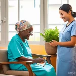 요양병원에서 제공하는 전문 치료 - A bright and serene nursing hospital common area, where several elderly patients are happily engaged...
