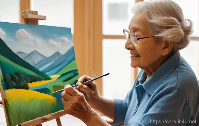 요양병원에서 가능한 심리치료 - **Image Prompt 1: Art Therapy Session**
A bright, well-lit room in a modern nursing home, where ...