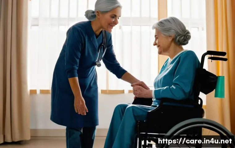 요양병원에서 제공하는 교육 프로그램 - A bright and warm nursing hospital room, an elderly woman with silver hair sitting comfortably in a ...